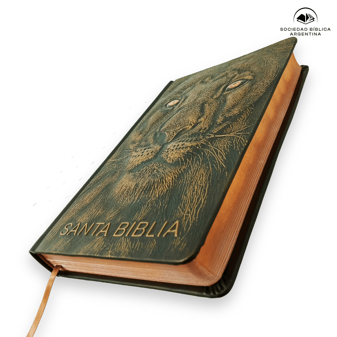 Biblia Reina-Valera 1960 León De Judá, Letra 10,5 Pt, 14×20, Palabras De Jesús En Rojo, Tapa PU, Color Bronce, Con León