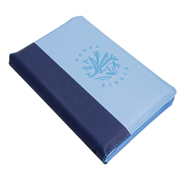 Biblia Reina Valera 1960 – 066 – Letra 14 pts – 14x22 cm – Palabras de Jesús en Rojo – Cierre – Tapa PU Azul/Celeste