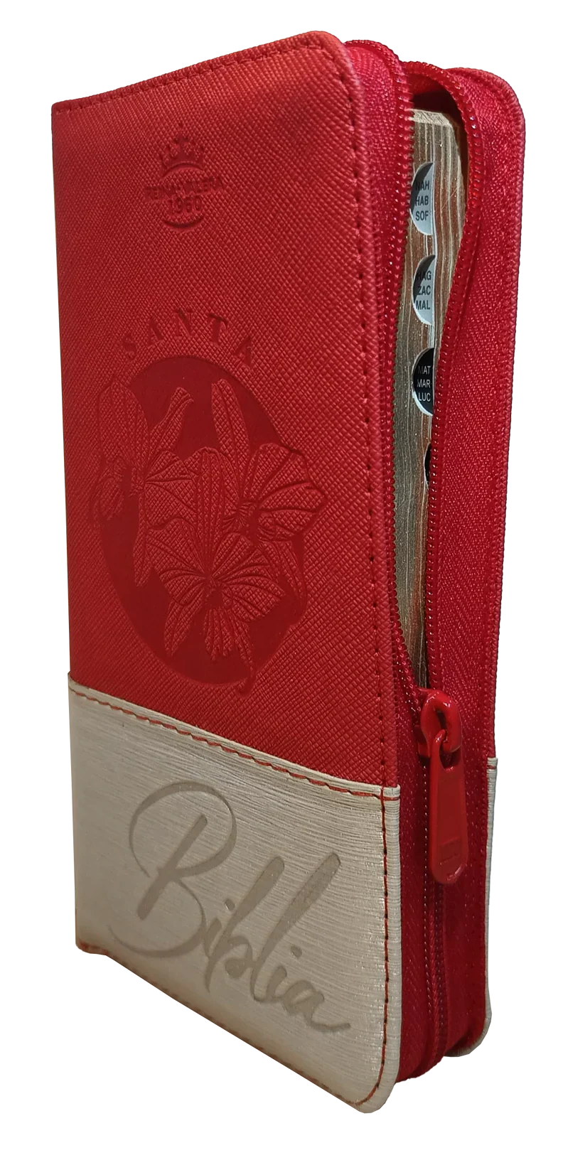 Biblia Reina Valera 1960 – 036 – Con Concordancia – Letra 8 pts – 8,5x16,5 cm – Palabras de Jesús en Rojo – Cierre con Índice – Tapa PU Roja/Beige