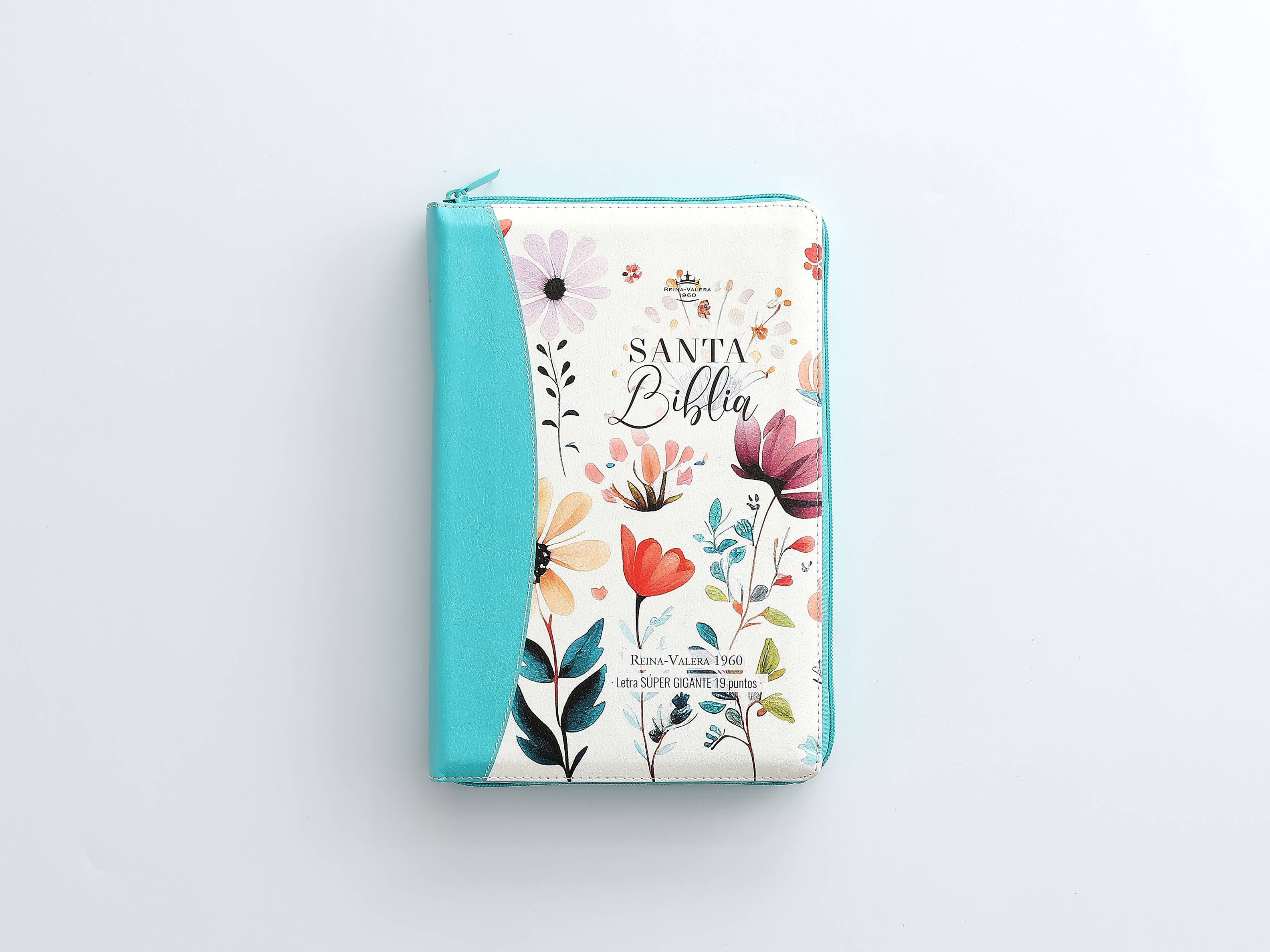 Biblia Reina Valera 1960 – 088 – Con Concordancia – Letra 19 pts – 16x23 cm – Cierre con Índice – Flores Turquesa