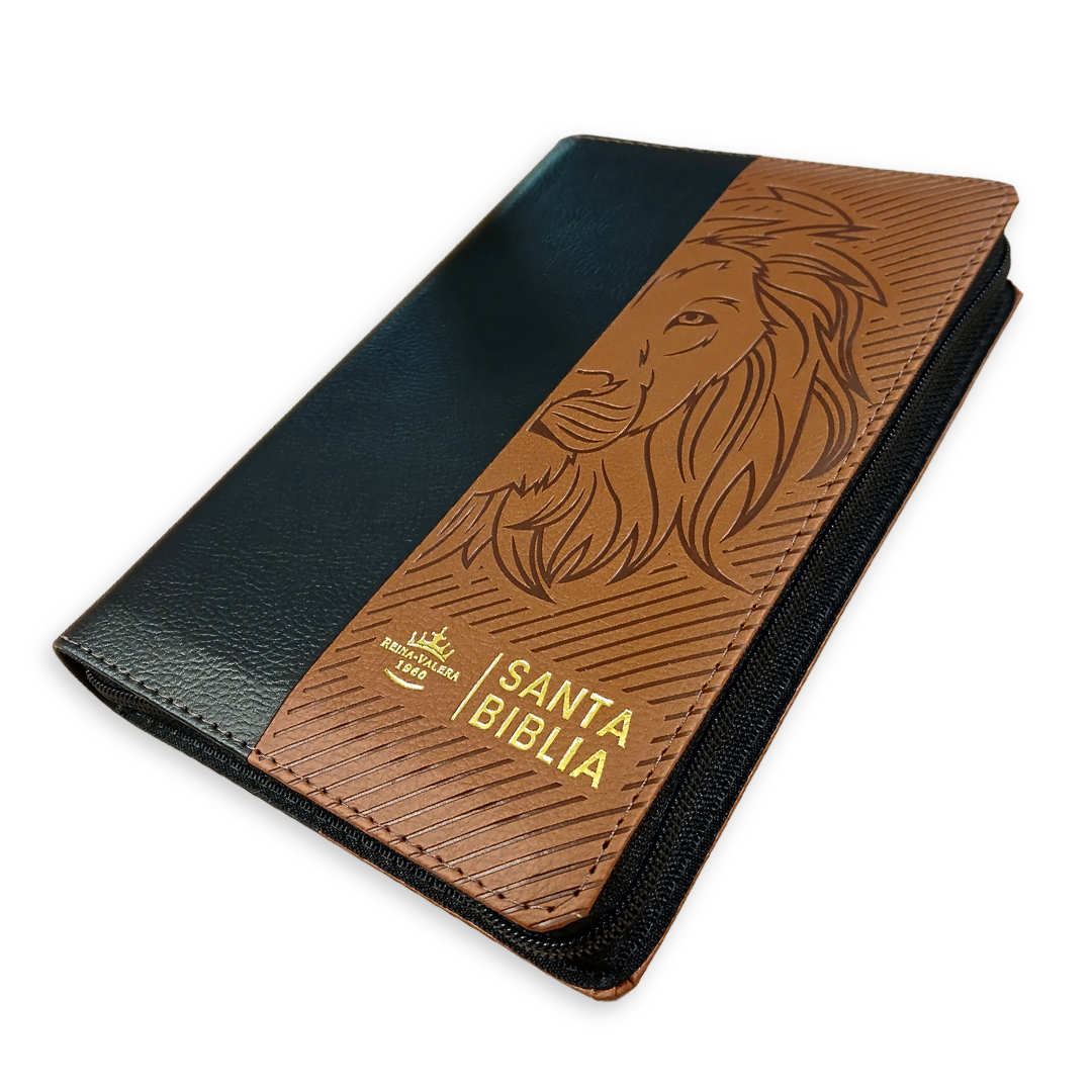 Biblia RVR1960 negro/marrón León, cierre, Letra grande 14 puntos, concordancia, PJR, índice, 22x15 cm