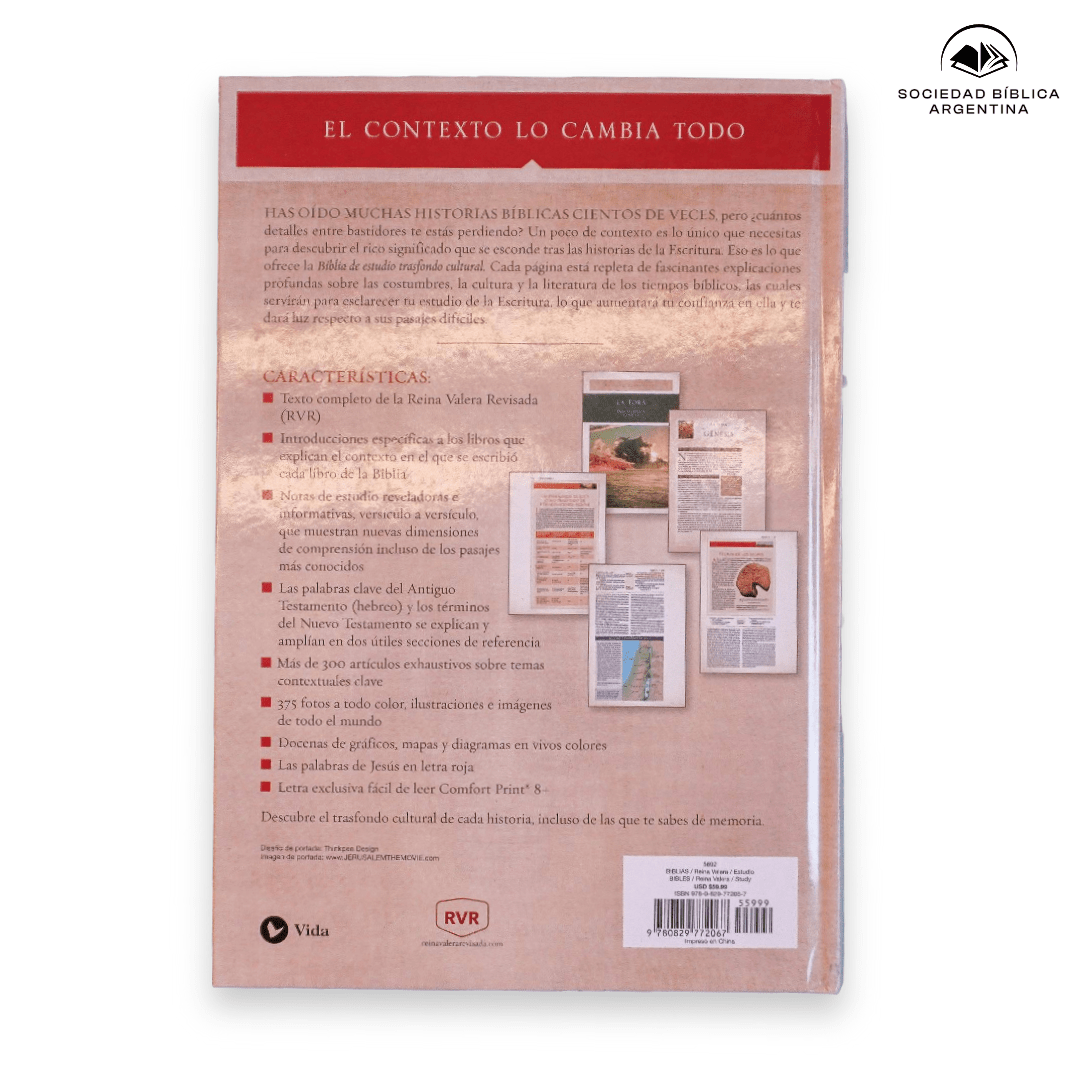 Biblia Reina-Valera 1960 De Estudio Trasfondo Cultural, Palabras De Jesús En Rojo, Letra 8 Pt, 19×26, Ilustrada, Tapa Dura
