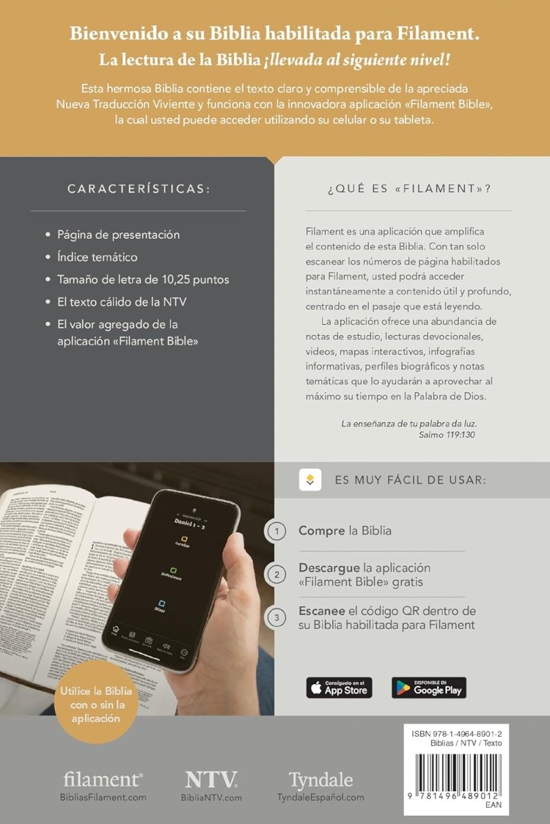 Biblia Nueva Traducción Viviente (NTV), Letra Grande 10 Pt, 16×23,5, Con Filament, Tapa PU, Café Claro