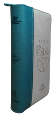 Biblia Reina Valera 1960 con cierre color azul/beige canto plateado