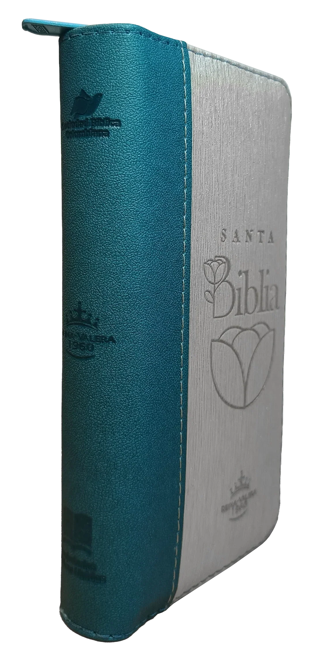 Biblia Reina Valera 1960 con cierre color azul/beige canto plateado