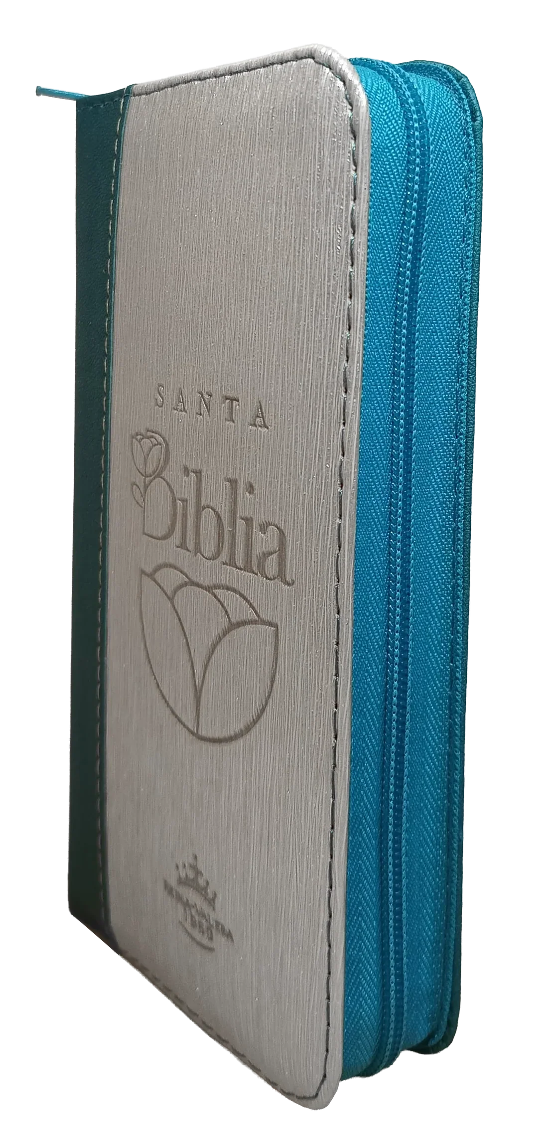 Biblia Reina Valera 1960 con cierre color azul/beige canto plateado