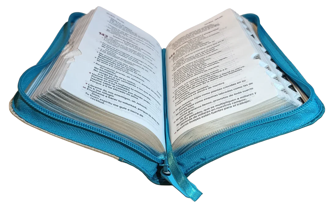 Biblia Reina Valera 1960 con cierre color azul/beige canto plateado