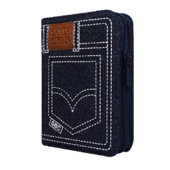 Biblia Reina Valera 1960 con cierre palabras de Jesús en rojo jean azul canto plateado