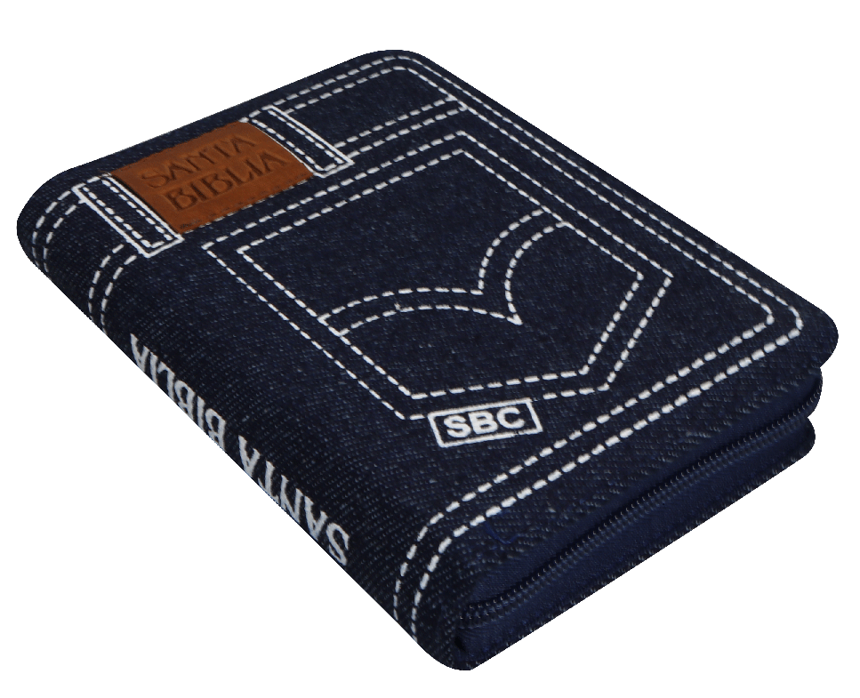 Biblia Reina Valera 1960 con cierre palabras de Jesús en rojo jean azul canto plateado