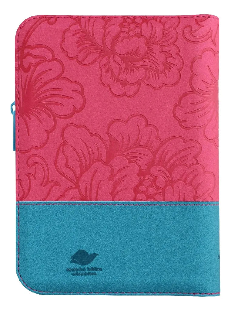 Biblia Reina Valera 1960 con cierre palabras de Jesús en rojo letra mediana fucsia/azul canto plateado