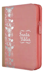Biblia Reina Valera 1960 con cierre palabras de Jesús en rojo letra mediana rosa/beige canto plateado