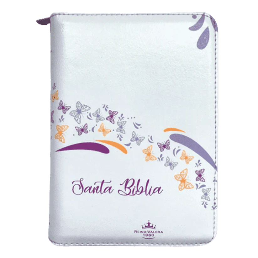 Biblia Reina Valera 1960 con cierre palabras de Jesús en rojo imitación piel lila canto blanco