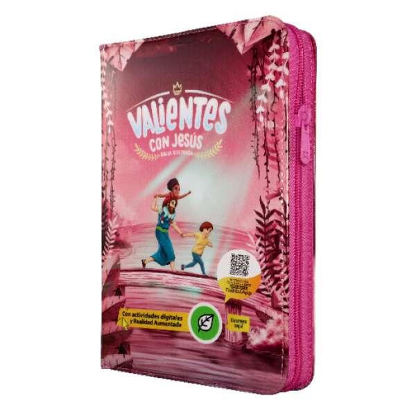 BIBLIA RVC062cZLGPJR L 12p 13x21 CONCORDACIA CIERRE PJR TAPA PLASTICA ROSA VALIENTES CON JESUS QR