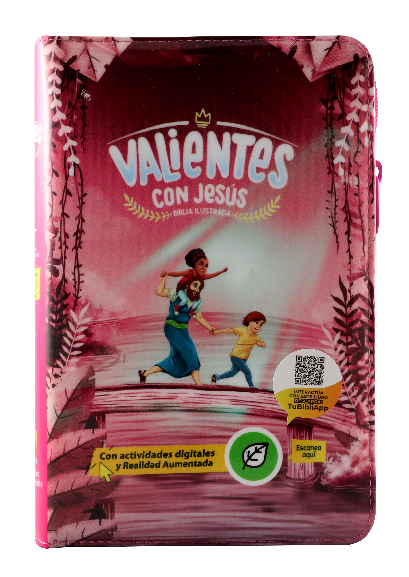 BIBLIA RVC062cZLGPJR L 12p 13x21 CONCORDACIA CIERRE PJR TAPA PLASTICA ROSA VALIENTES CON JESUS QR