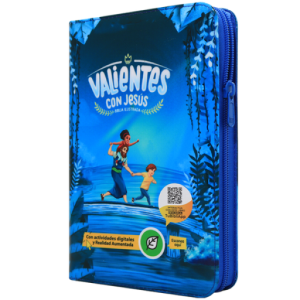 BIBLIA RVC062cZLGPJR L 12p 13x21 CONCORDACIA CIERRE PJR TAPA PLASTICA AZUL VALIENTES CON JESUS QR