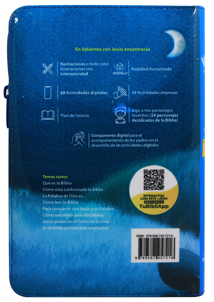 BIBLIA RVC062cZLGPJR L 12p 13x21 CONCORDACIA CIERRE PJR TAPA PLASTICA AZUL VALIENTES CON JESUS QR
