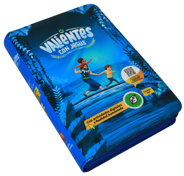 BIBLIA RVC062cZLGPJR L 12p 13x21 CONCORDACIA CIERRE PJR TAPA PLASTICA AZUL VALIENTES CON JESUS QR