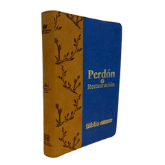 Biblia Reina Valera 1960 letra grande "Perdona y Restaura" azul/café canto plateado
