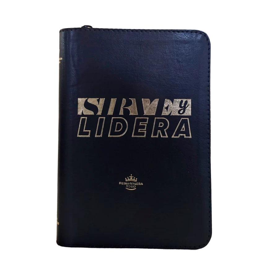 Biblia Reina Valera 1960 letra grande con cierre "Sirve y Lidera" negro canto plateado