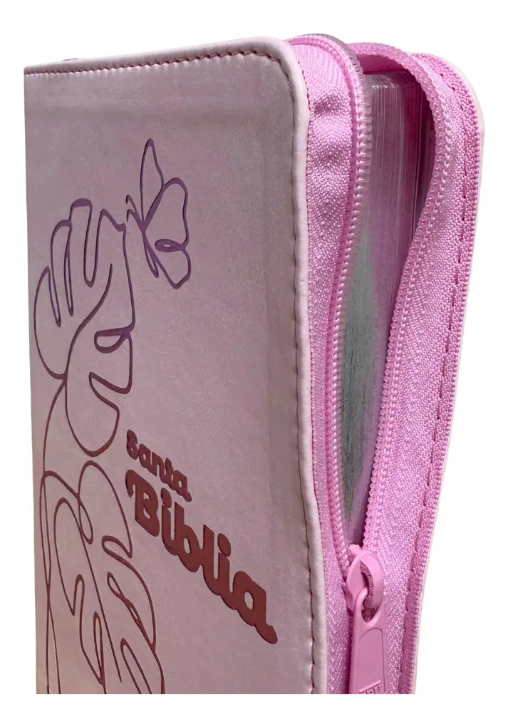 Biblia Reina Valera 1960 letra grande con cierre rosa canto plateado