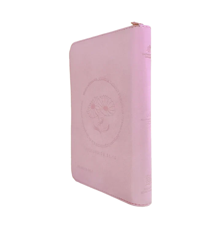 Biblia Reina Valera 1960 letra grande con cierre "Mujer Virtuosa" rosa canto plateado