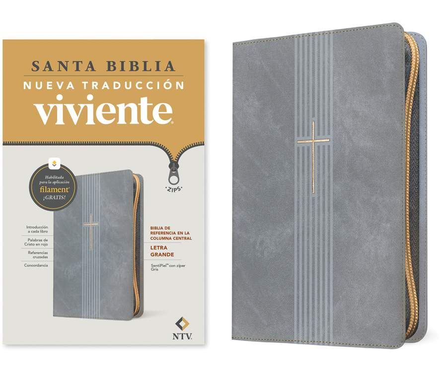 Biblia Nueva Traducción Viviente – Tapa Imitación Piel Gris con Cierre, Letra 9.5pt, 17.5x25 cm