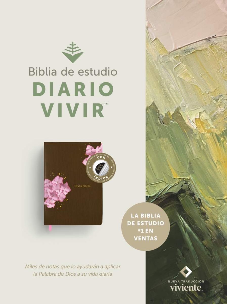 Biblia de Estudio del Diario Vivir Nueva Traducción Viviente – Tapa Imitación Piel Café/Rosa Flores con Índice, Letra 11pt, 18x25 cm