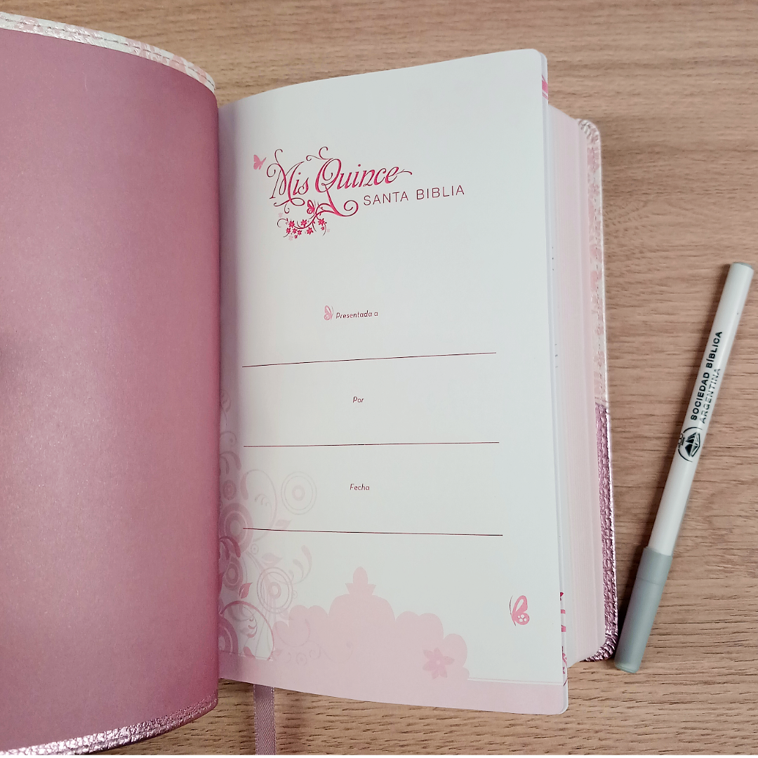 Biblia Mis Quince Reina Valera 1960 – Tapa Imitación Piel Rosa Floreado