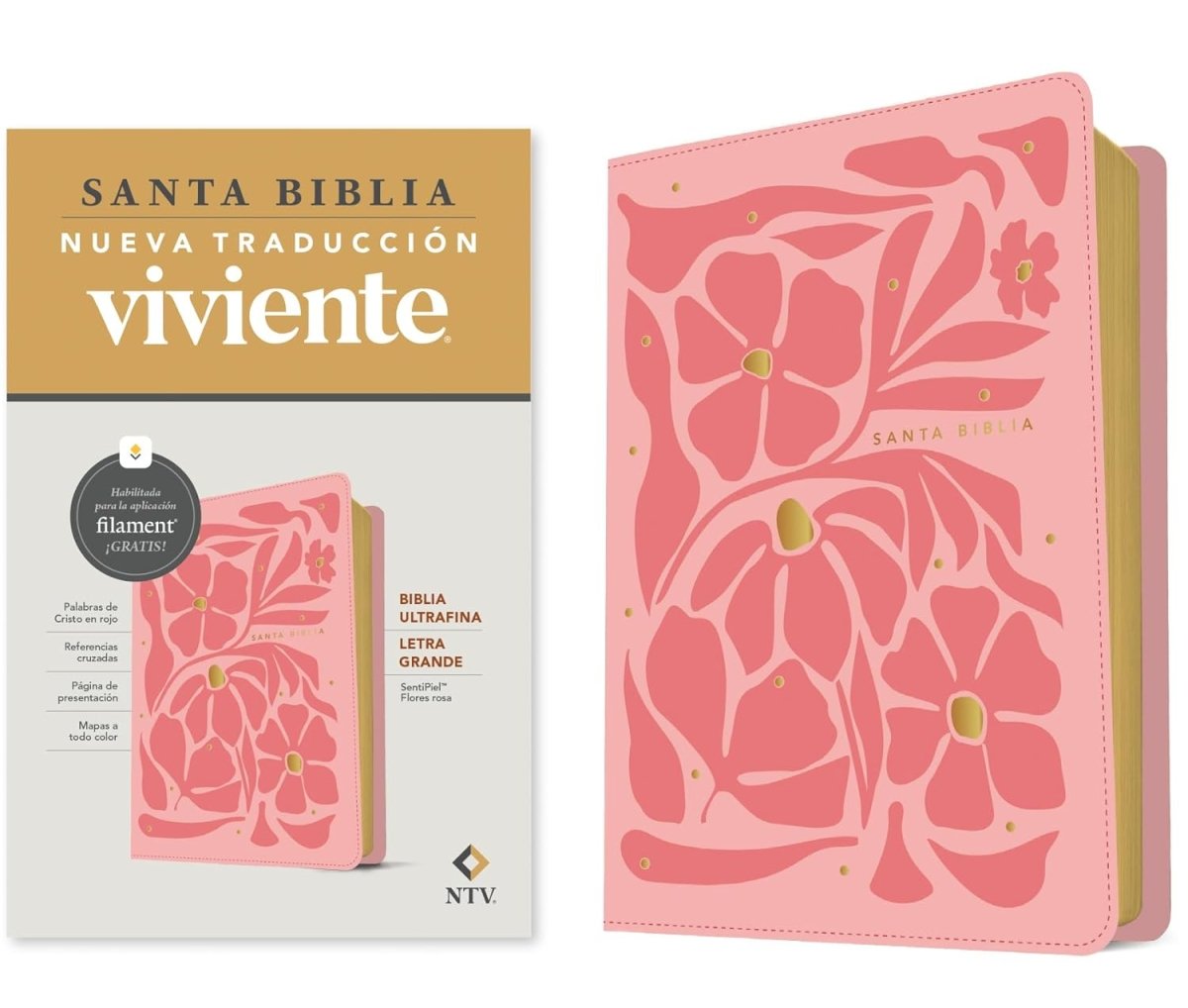 Biblia Nueva Traducción Viviente (NTV) Ultrafina, Letra 10 Pt, 16,5×24, Palabras De Jesús En Rojo, Tapa PU, Flores Rosa