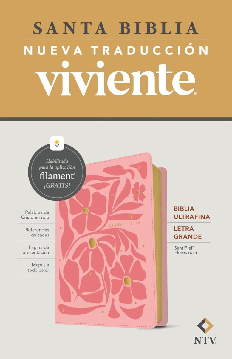 Biblia Nueva Traducción Viviente (NTV) Ultrafina, Letra 10 Pt, 16,5×24, Palabras De Jesús En Rojo, Tapa PU, Flores Rosa