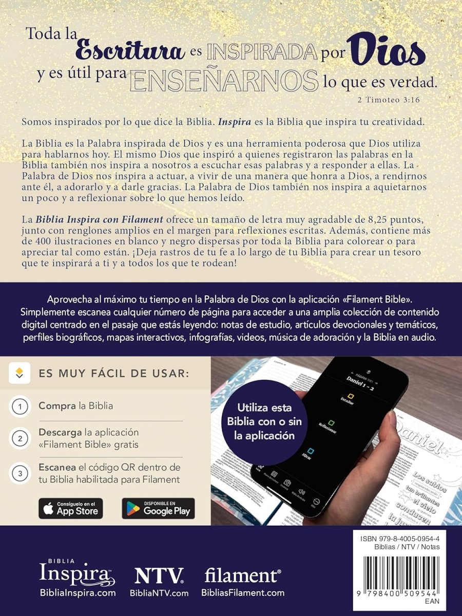 Biblia Nueva Traducción Viviente (NTV) Inspira, Letra 8 Pt, 16×21, Tapa PU, Oro
