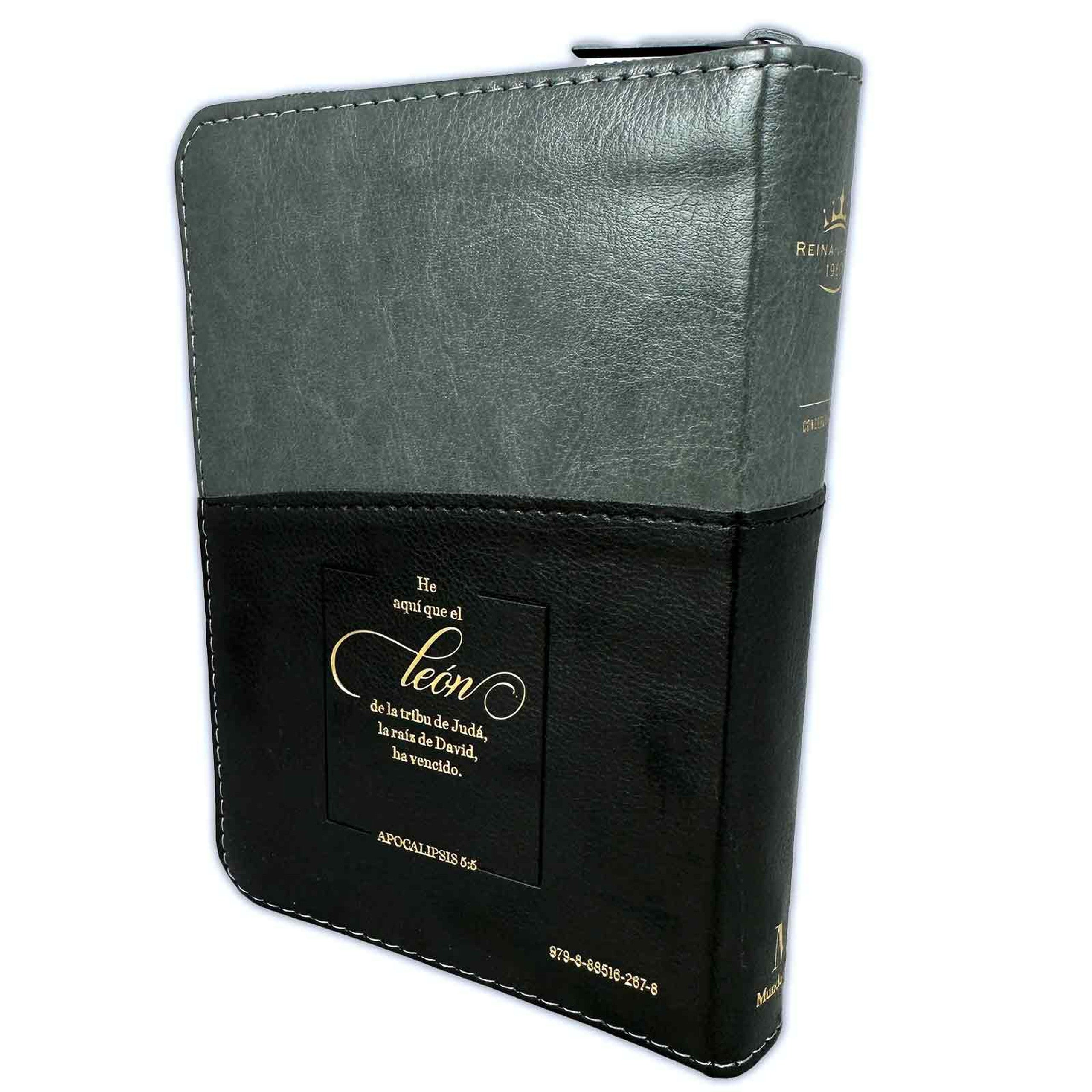 Biblia Reina Valera 1960 · 10x14 cm · Letra pequeña 8,5 pt · Con cierre e índice · Tapa imitación piel · Colección Expresión león negro y gris