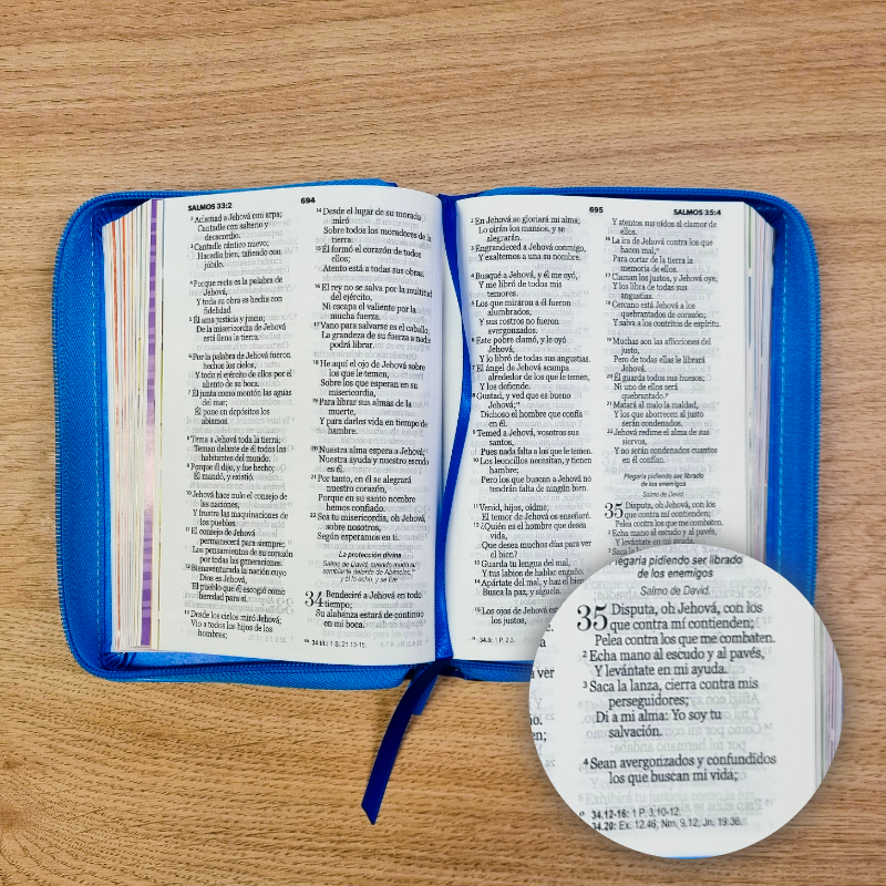 Biblia Reina Valera 1960 · 17x12 cm · Letra 10 pt · Con cierre · Colección Mi Gran Viaje tapa imitación piel azul