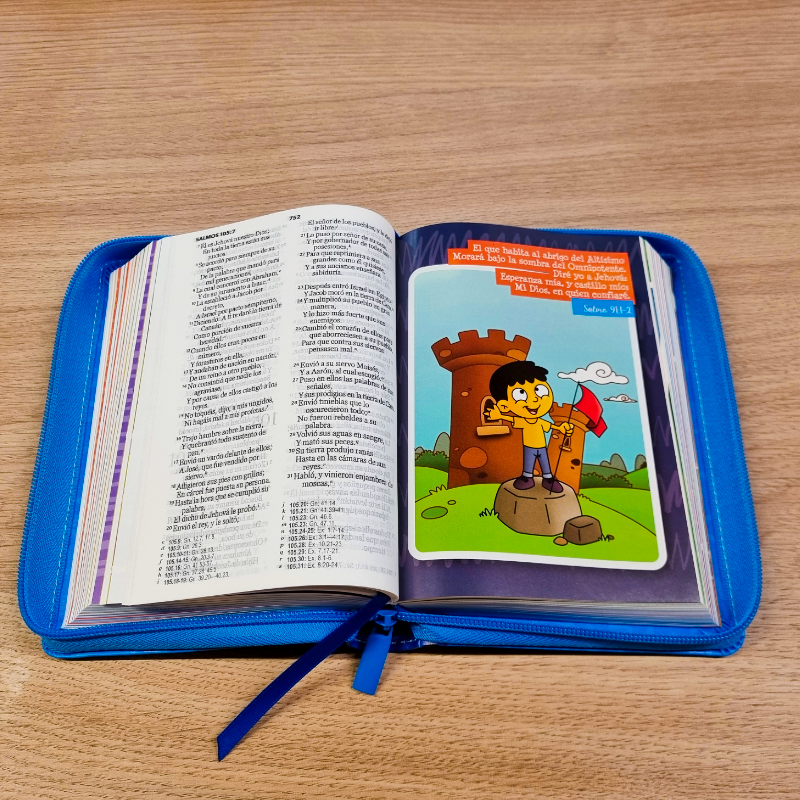 Biblia Reina Valera 1960 · 17x12 cm · Letra 10 pt · Con cierre · Colección Mi Gran Viaje tapa imitación piel azul