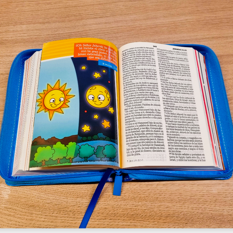 Biblia Reina Valera 1960 · 17x12 cm · Letra 10 pt · Con cierre · Colección Mi Gran Viaje tapa imitación piel azul