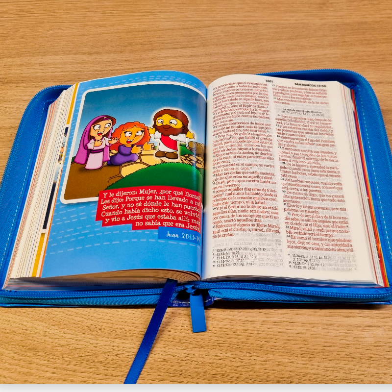 Biblia Reina Valera 1960 · 17x12 cm · Letra 10 pt · Con cierre · Colección Mi Gran Viaje tapa imitación piel azul