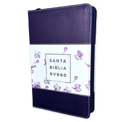 Biblia Reina Valera 1960 · 13,8x21,2 cm · Letra grande 12,5 pt · Con cierre e índice · Diseño tricolor lila con flores