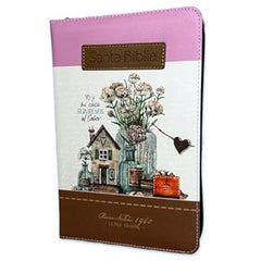 Biblia Reina Valera 1960 · 13,8x21,2 cm · Letra grande 12,5 pt · Con cierre e índice · Diseño tricolor fantasía rosa y café