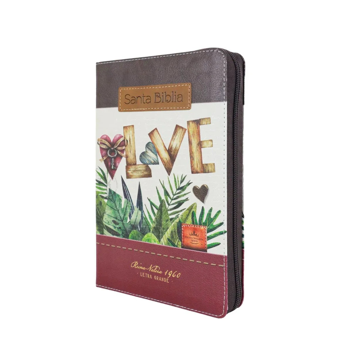 Biblia Reina Valera 1960 · 13,8x21,2 cm · Letra grande 12,5 pt · Con cierre e índice · Diseño tricolor fantasía marrón y grana