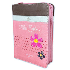 Biblia Reina Valera 1960 · 10x14 cm · Letra pequeña 8,5 pt · Con cierre · Tapa imitación piel · Colección Primor flores café, beige y rosa