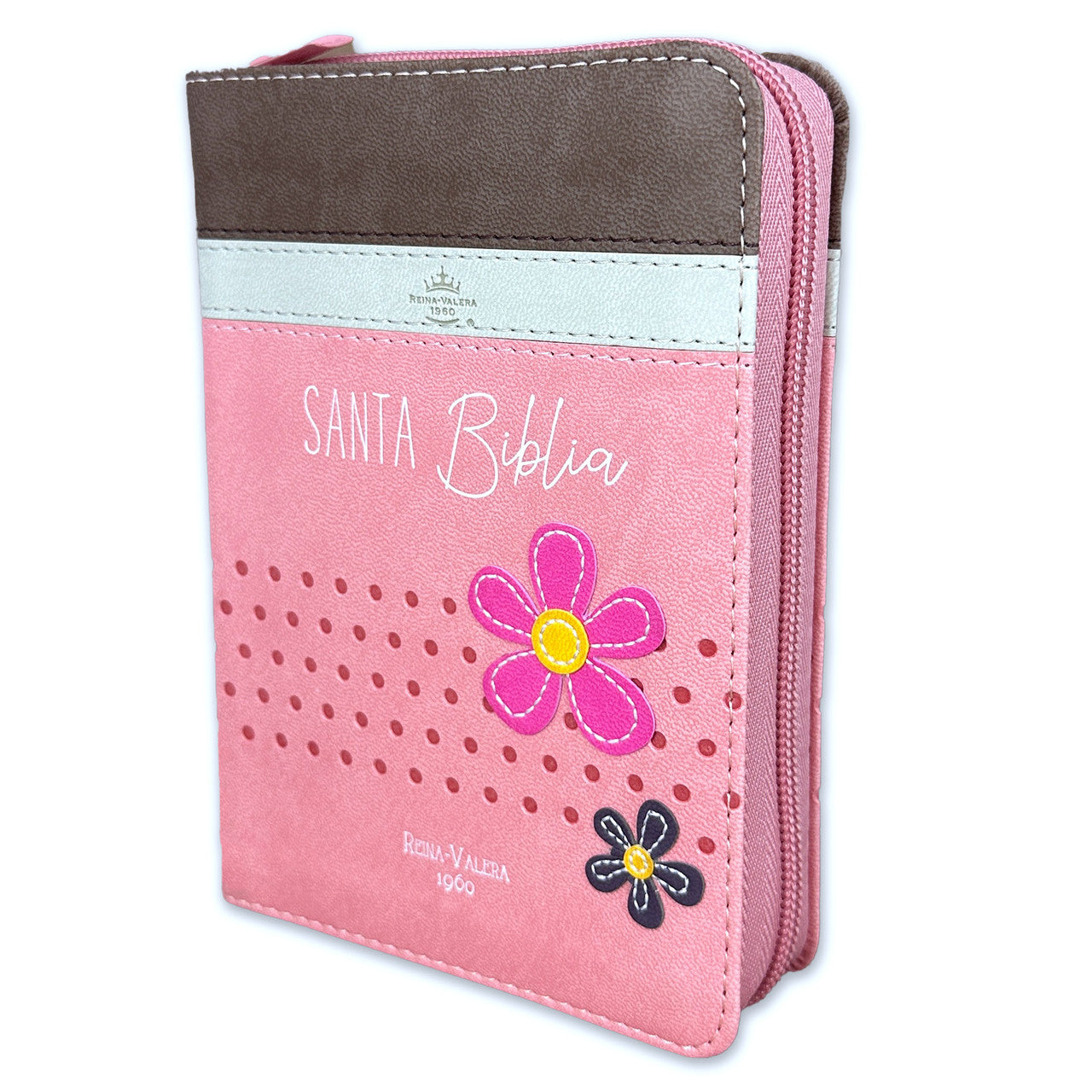 Biblia Reina Valera 1960 · 10x14 cm · Letra pequeña 8,5 pt · Con cierre · Tapa imitación piel · Colección Primor flores café, beige y rosa