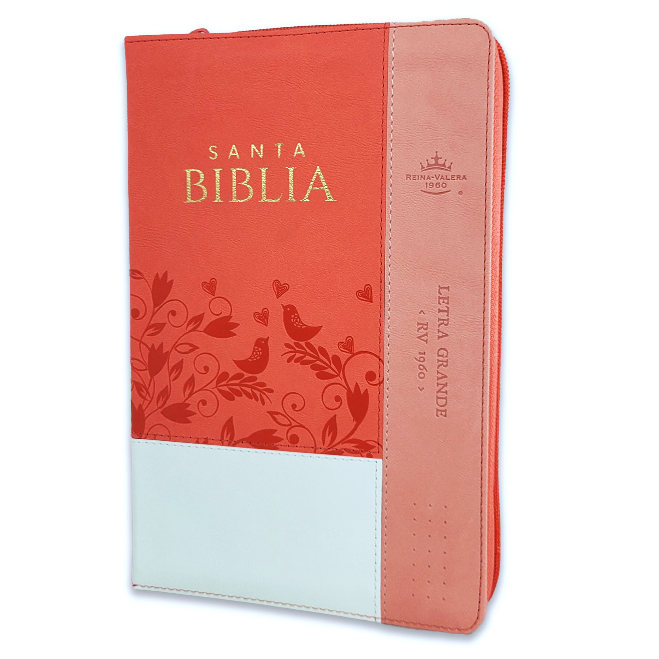 Biblia Reina Valera 1960 · 13,8x21,2 cm · Letra grande 12,5 pt · Con cierre e índice · Colección Inspiración pájaros blanco y coral
