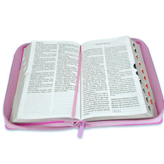 Biblia Reina Valera 1960 · 13,8x21,2 cm · Letra gigante 14 pt · Con cierre e índice · Colección Iconic lila, rosa y morado