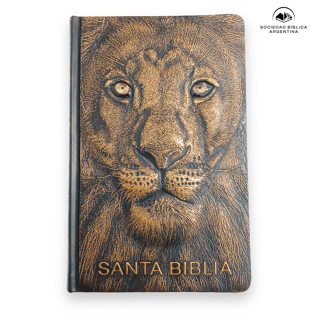 Biblia Reina-Valera 1960 León De Judá, Letra 10,5 Pt, 14×20, Palabras De Jesús En Rojo, Tapa PU, Color Bronce, Con León