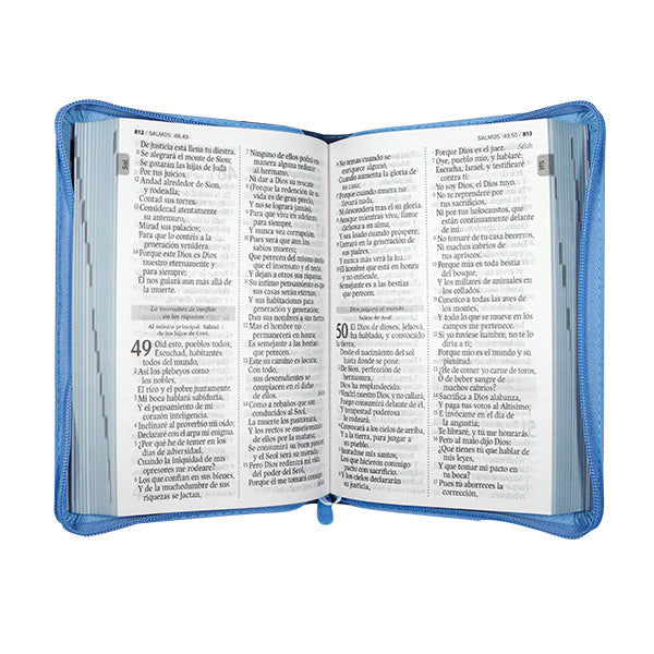Biblia Reina Valera 1960 – 066 – Letra 14 pts – 14x22 cm – Palabras de Jesús en Rojo – Cierre – Tapa PU Azul/Celeste