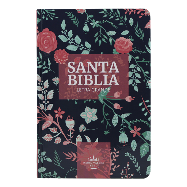 Biblia Reina Valera 1960 · 13,5x21 cm · Letra 12 pt · Letra grande · Tapa dura · Diseño azul con flores y canto bronce