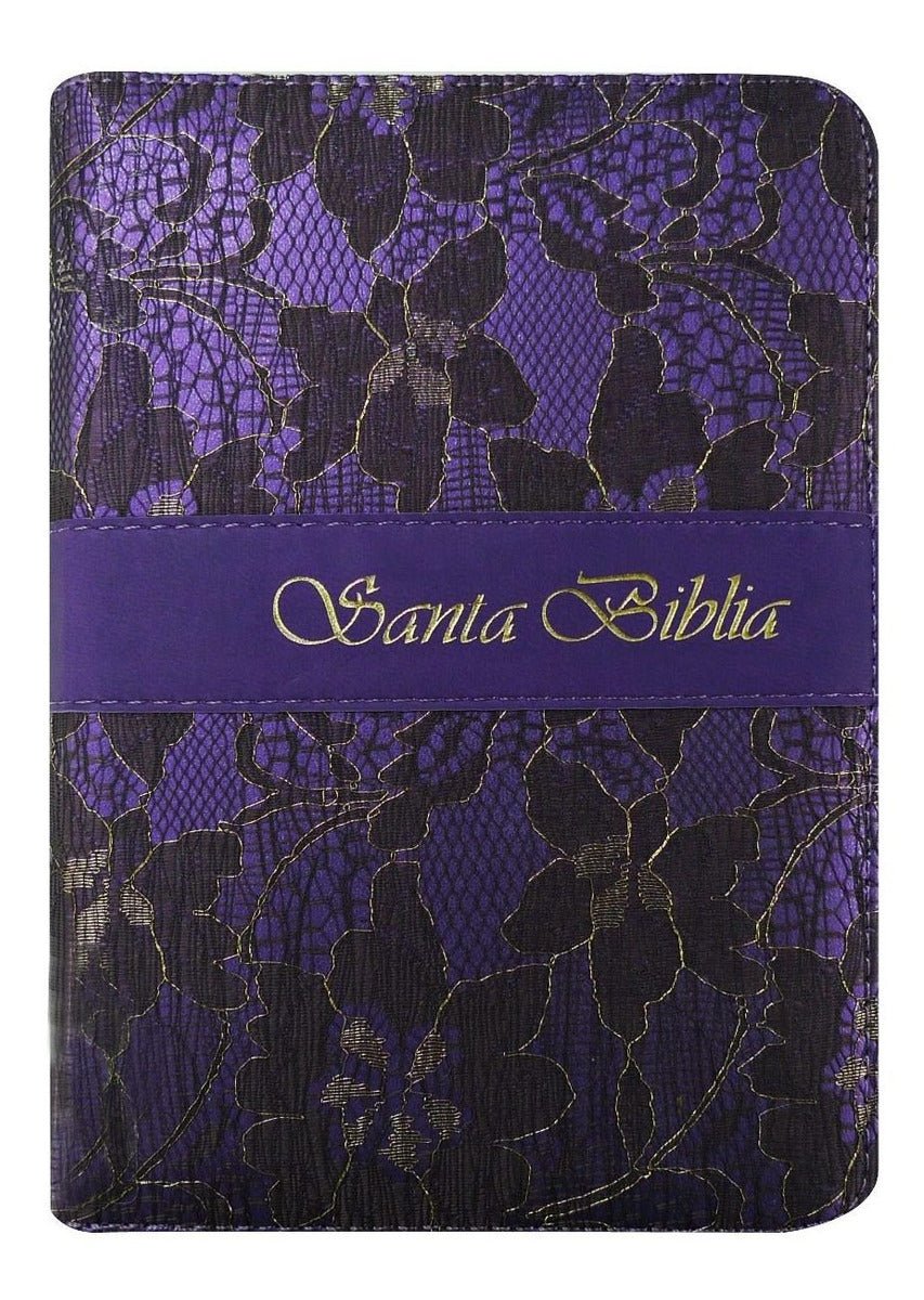 Biblia Reina Valera 1960 – Tapa Tela Lila Floreada, con Cierre, Concordancia, con Índice, Letra 7 Puntos