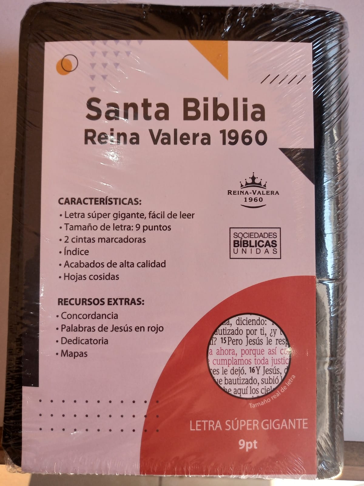 Biblia Reina Valera 1960 Letra Grande Indice Negro Vinil 9 puntos 10 x 14 cm