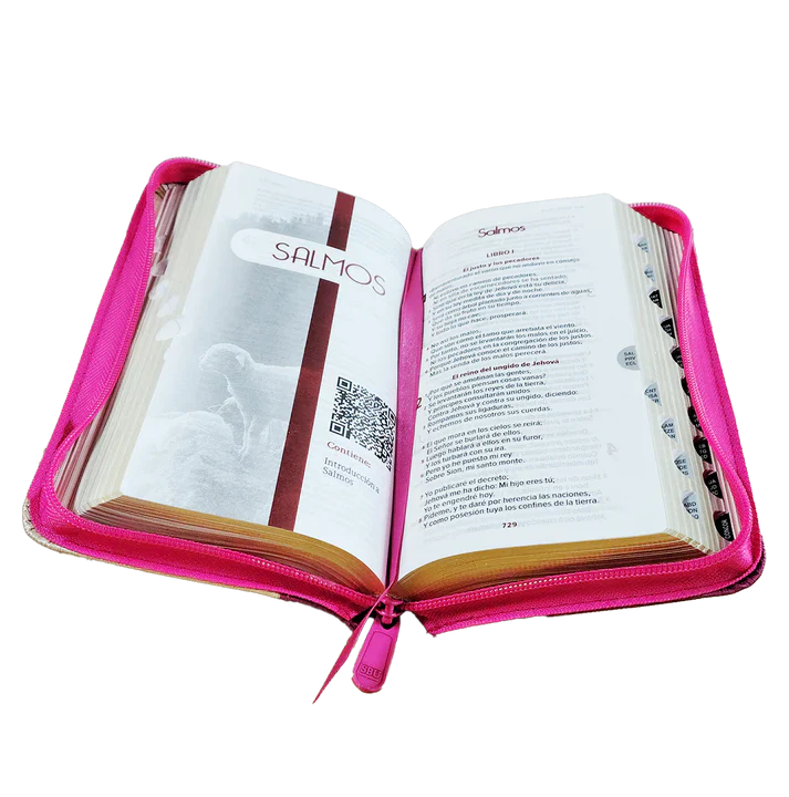 Biblia Reina Valera 1960 – 036 – Con Concordancia – Letra 8 pts – 8,5x16,5 cm – Palabras de Jesús en Rojo – Cierre con Índice – Tapa PU Rosa/Beige