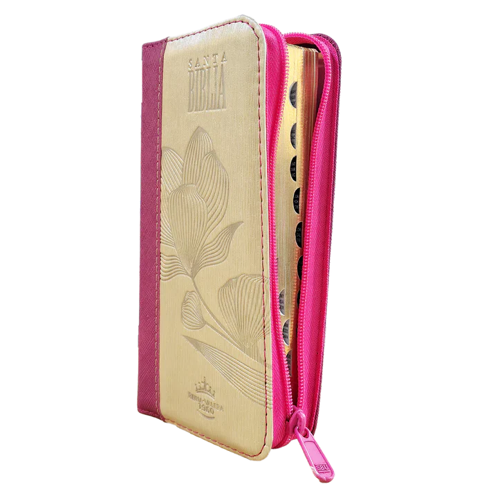 Biblia Reina Valera 1960 – 036 – Con Concordancia – Letra 8 pts – 8,5x16,5 cm – Palabras de Jesús en Rojo – Cierre con Índice – Tapa PU Rosa/Beige